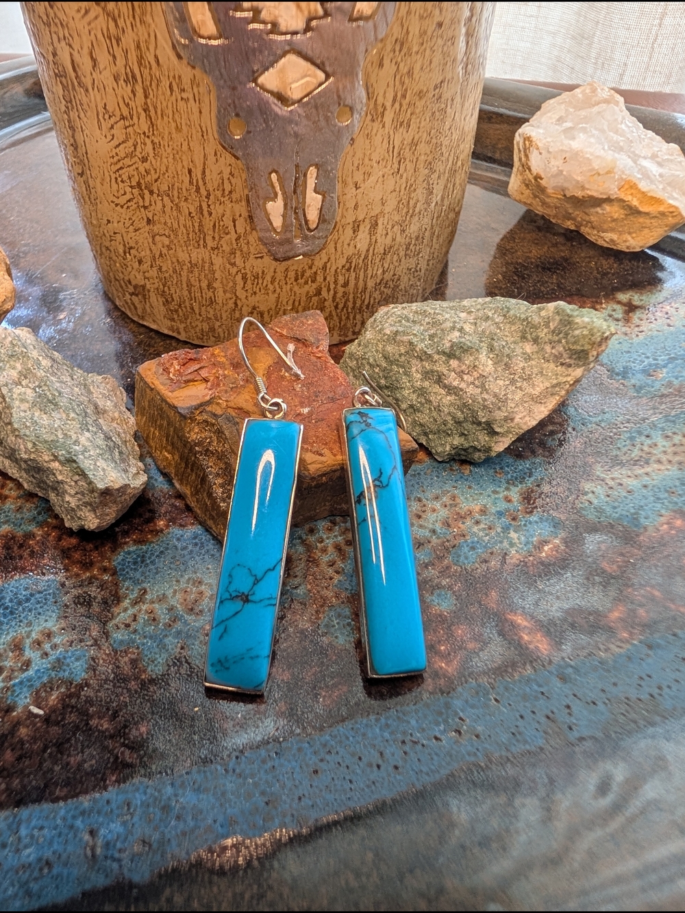 .925 Sterling Silver Bar Southwest Earrings - Bright Blue Dyed Howlite